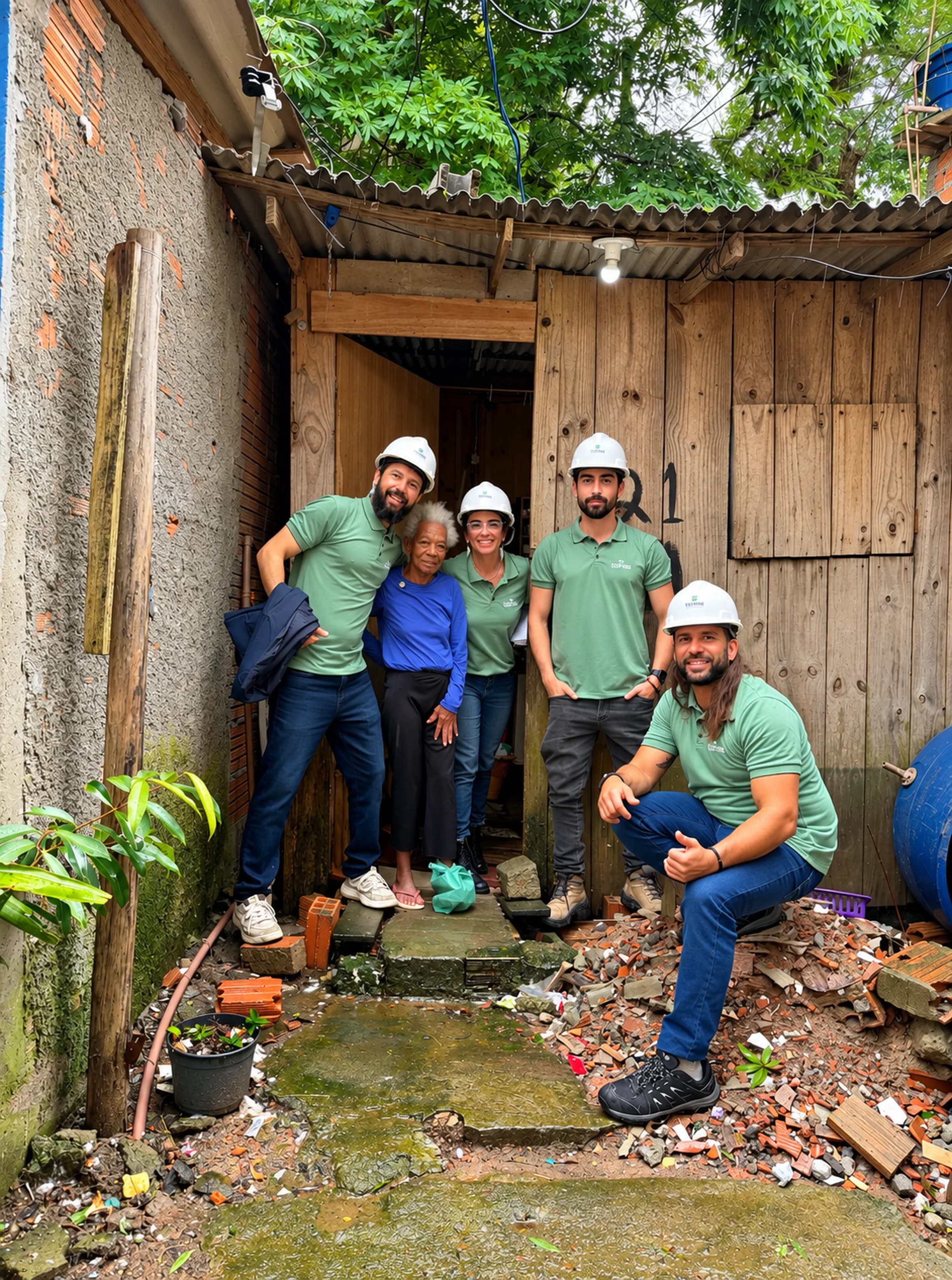 Equipe do Instituto Tridium reunida com a dona Tereza na porta de casa